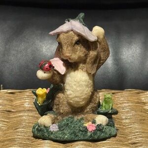 Charming Brown Bunny Figurine with Purple Flower Hat 4inch